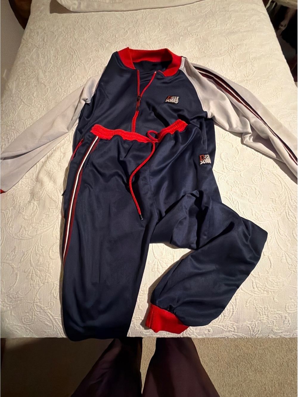 Men's XL Navy Blue and Red Track Suit with White Sleeves